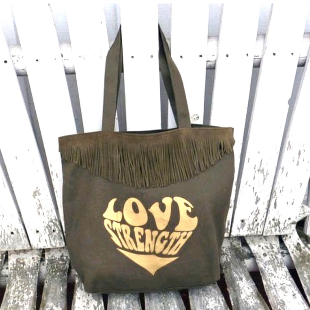 NWT // Fringe Tote Bag with Love Strength Design - Brown